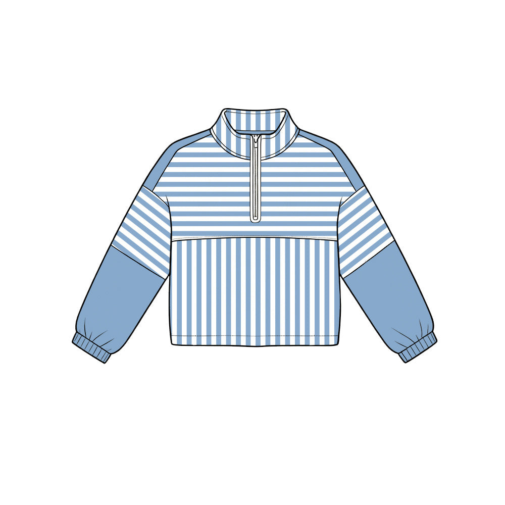 ( Moq 5 ) Preorder Baby Girls Kids Long Sleeves Stripes Zipper Pullover Yoga Active Blue Shirt