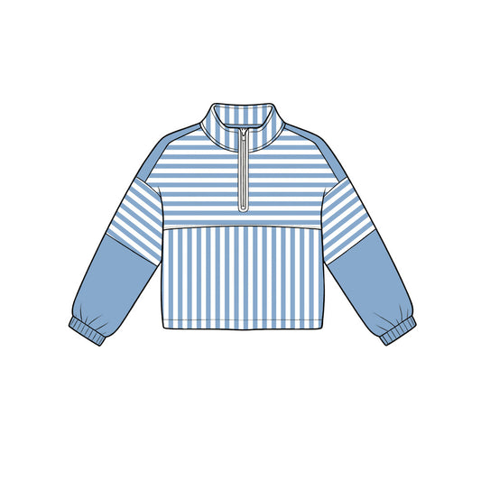 ( Moq 5 ) Preorder Baby Girls Kids Long Sleeves Stripes Zipper Pullover Yoga Active Blue Shirt