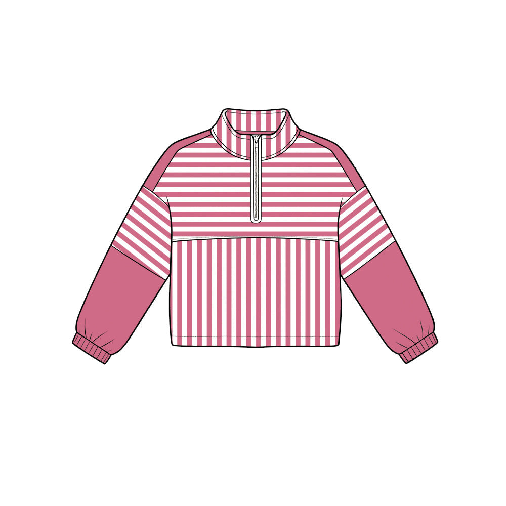 ( Moq 5 ) Preorder Baby Girls Kids Long Sleeves Stripes Zipper Pullover Yoga Active Pink Shirt