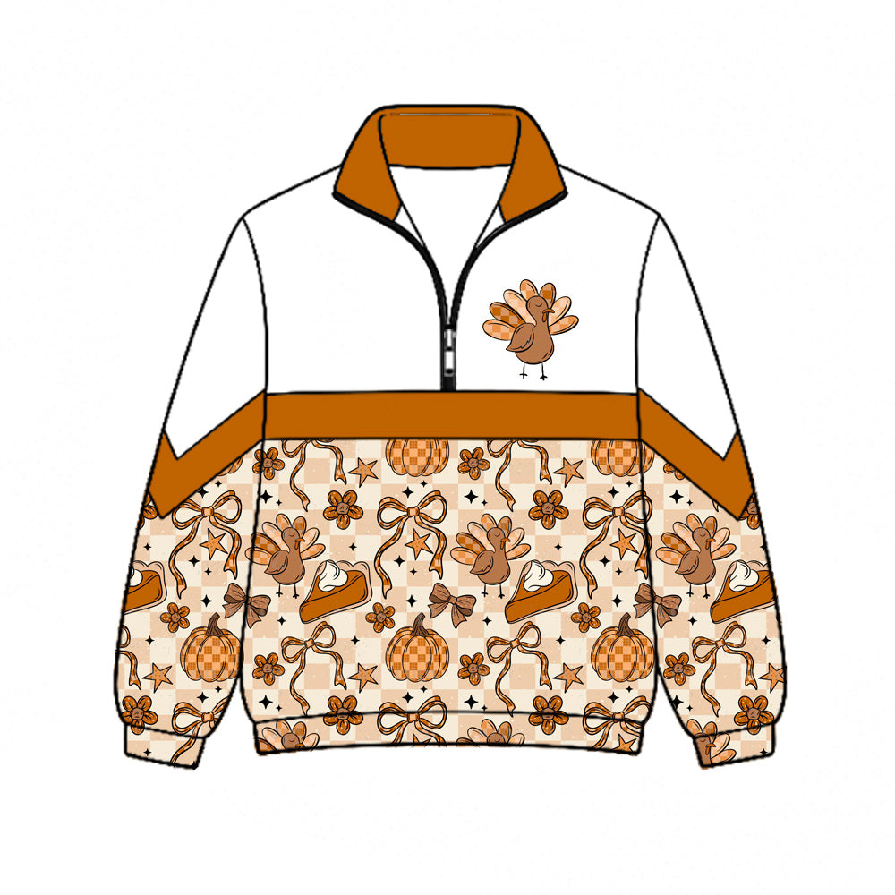 ( Moq 5 ) Preorder Baby Girls Kids turkey Pumpkins Bows Zipper Pullover Shirt Fall Clothes