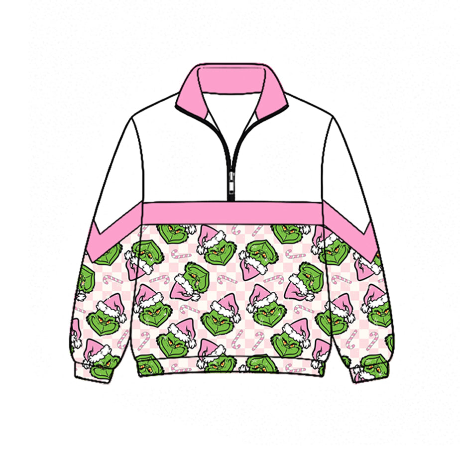 ( Moq 5 ) Preorder Baby Girls Kids Christmas Green Face Zipper Pullover Shirt Pink Clothes