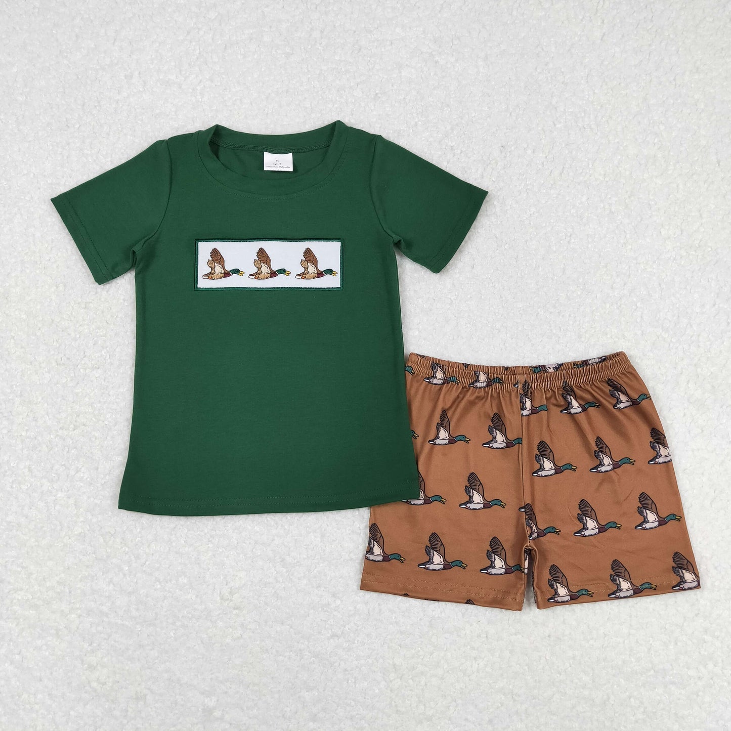 Baby Boy Short Sleeves Embroidery Ducks Green Shirt Shorts Set