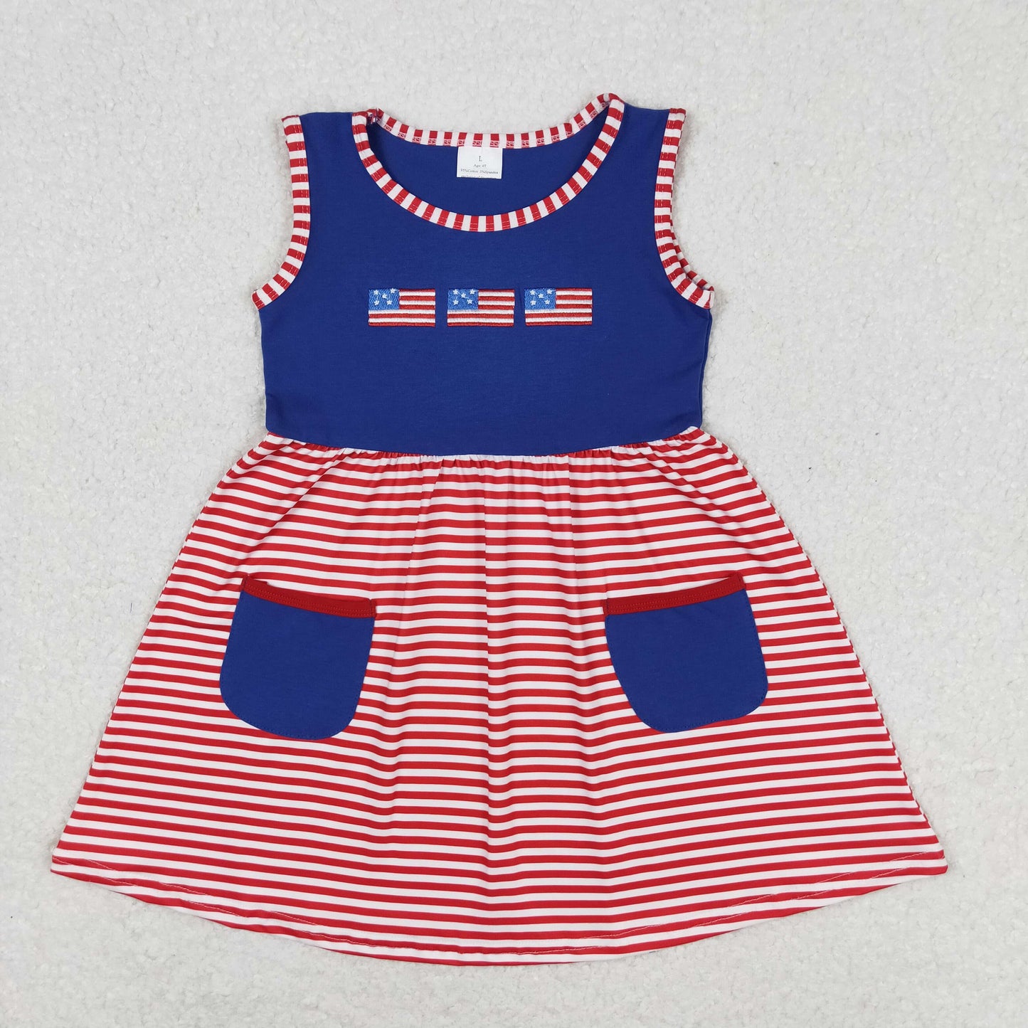 Baby Girl Sleeveless Embroidery Flags Pocket Stripes Dress