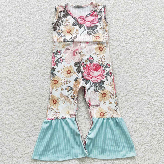 SR0368 Baby Girl Sleeveless Floral Ribbed Jumpsuit