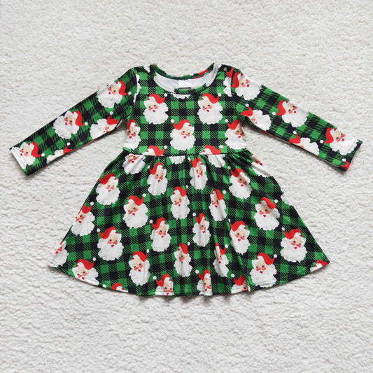 GLD0262 Baby Girl Christmas Santa Green Plaid Long Sleeves Dress