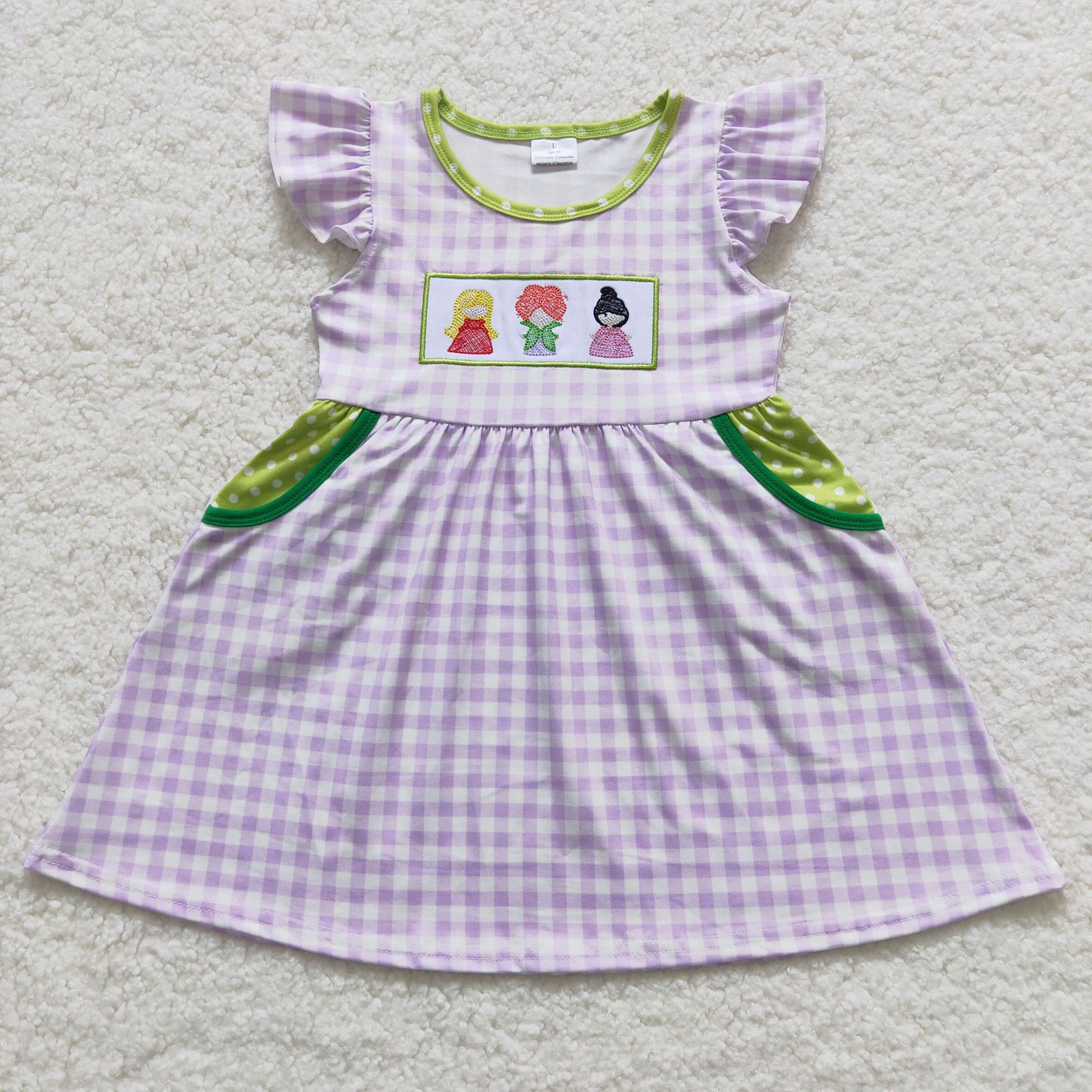 GSD0451 Baby Girl Halloween Embroidery Short Sleeves Pocket Purple Plaid Dress