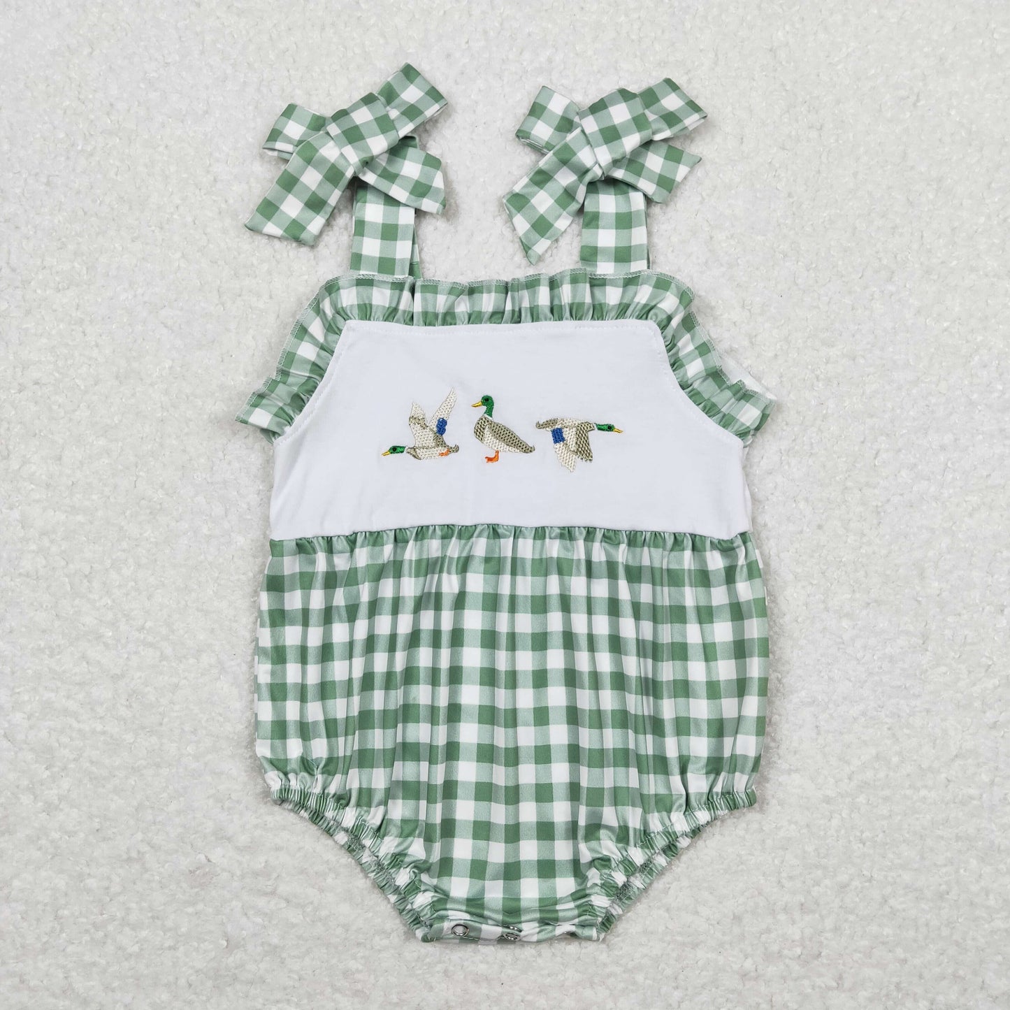 Baby Girl Embroidery Ducks Green Plaid One Piece Summer Romper