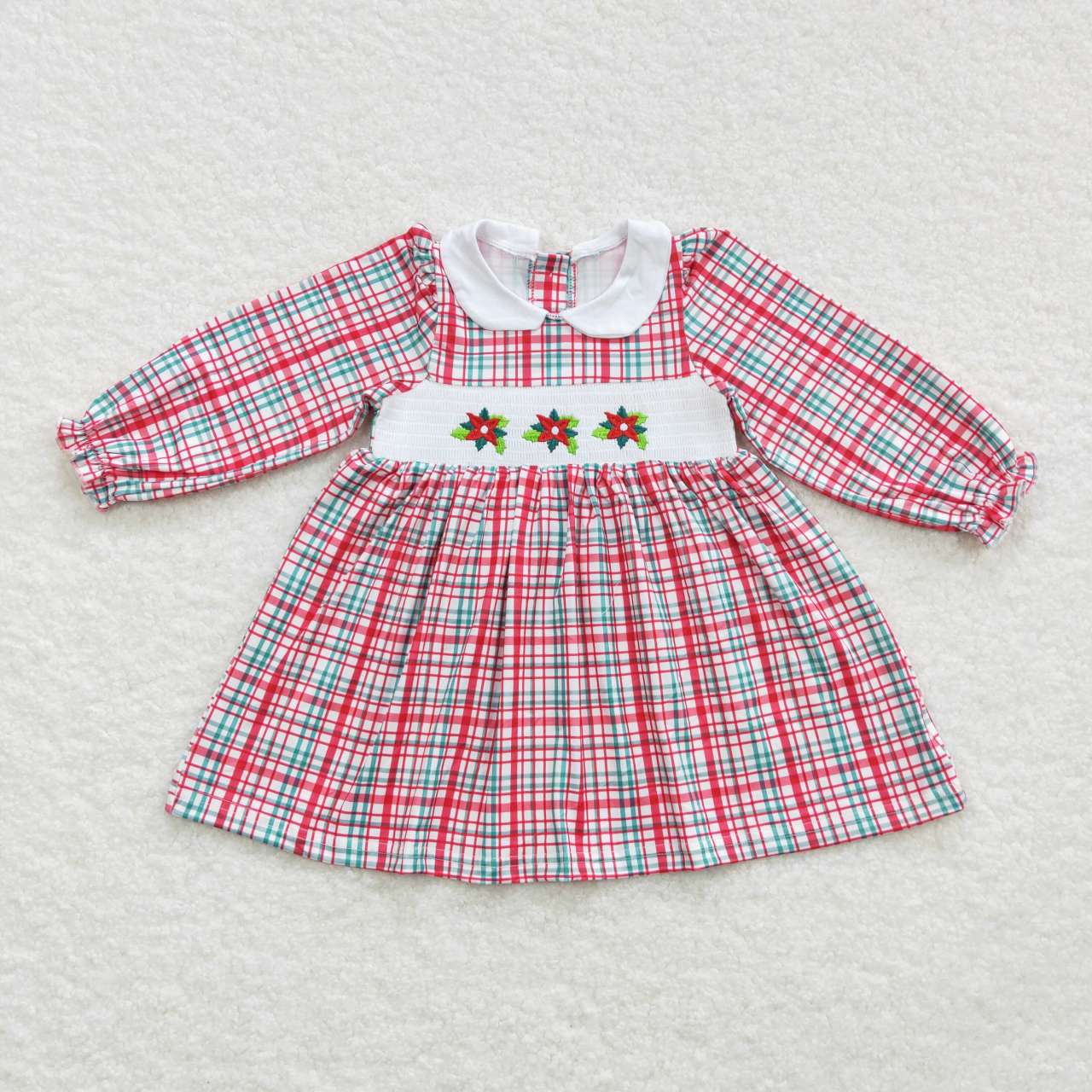 GLD0300 Baby Girl Smocked Embroidery Long Sleeves Christmas Floral Plaid Dress
