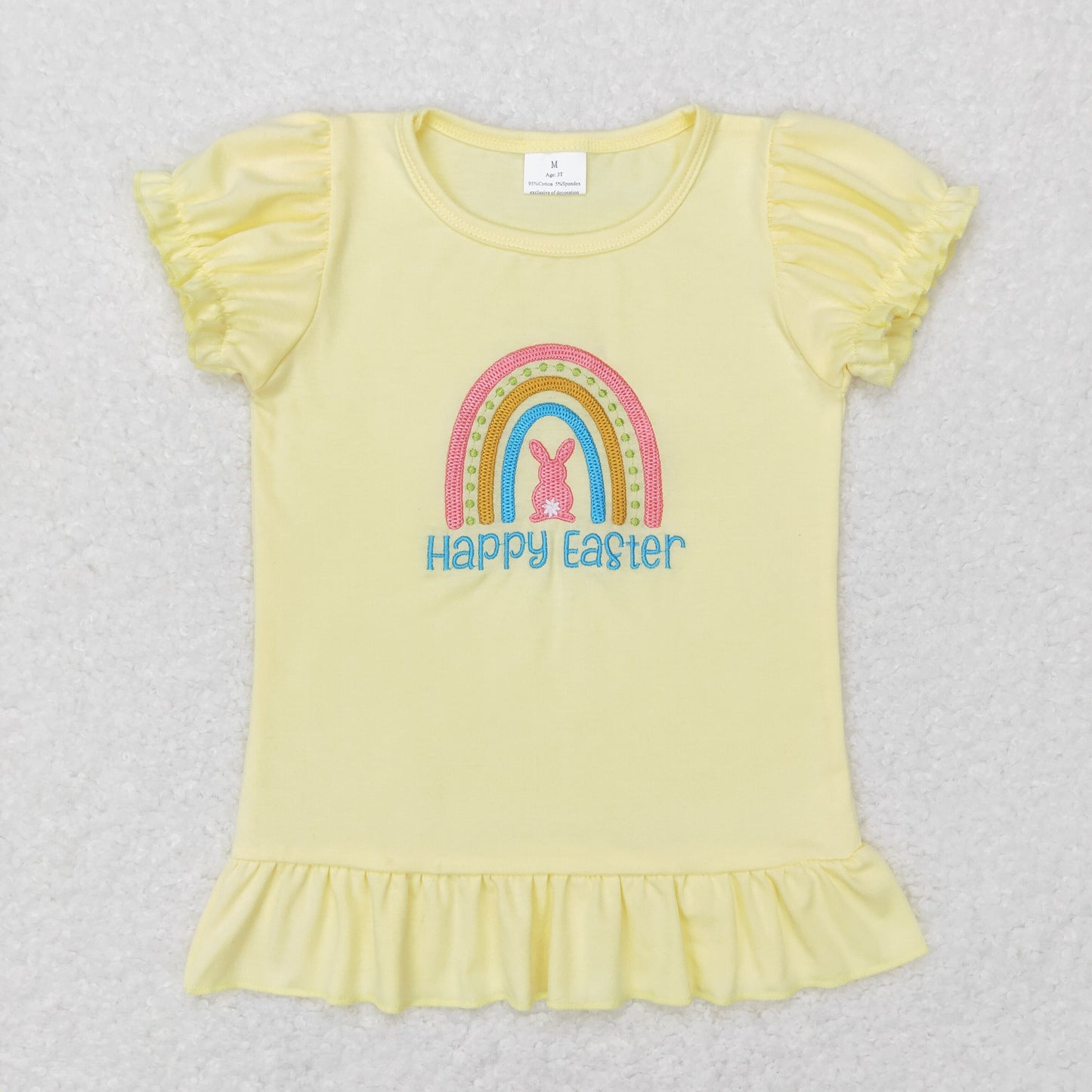 GT0392 Easter Baby Girl Short Sleeves Embroidery Rainbow Rabbit Yellow Tops