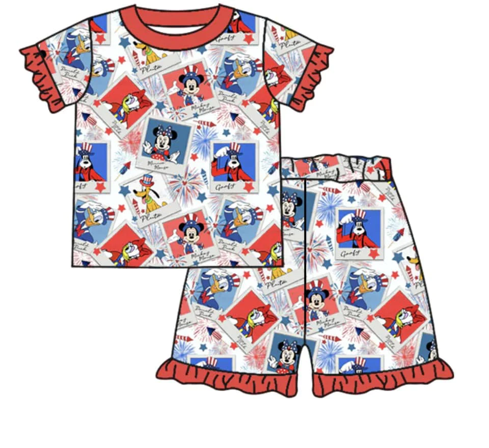 Pre-order Baby Girl Short Sleeves Cartoon Shirt Shorts Summer Pajamas July 4th Set