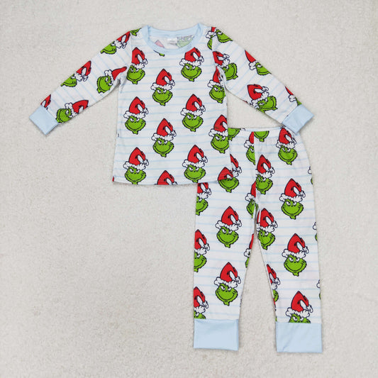 Baby Boy Long Sleeves Green Face Shirt Pants Bamboo Pajamas Christmas Set