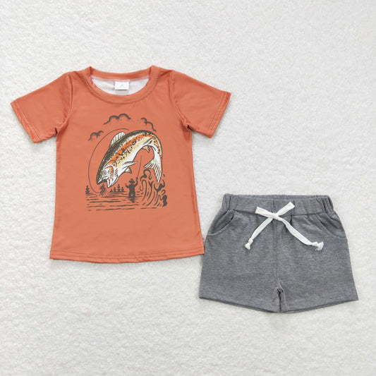 BSSO0490 Baby Boy Short Sleeves Fishing Shirt Pocket Grey Shorts Summer Set