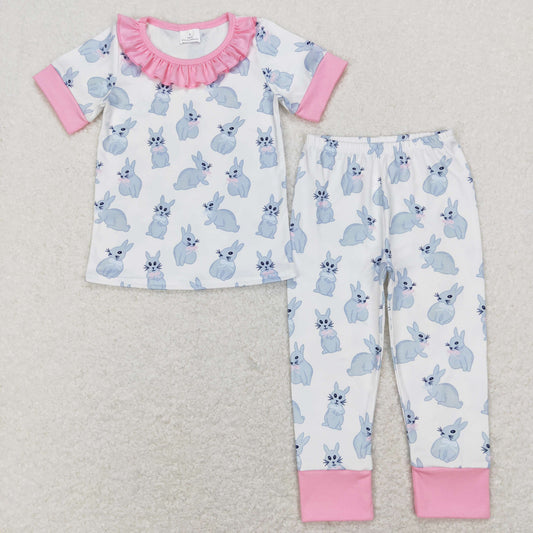 GSPO1095 Baby Girl Short Sleeves Shirt Pants Easter Rabbit Set Pajamas