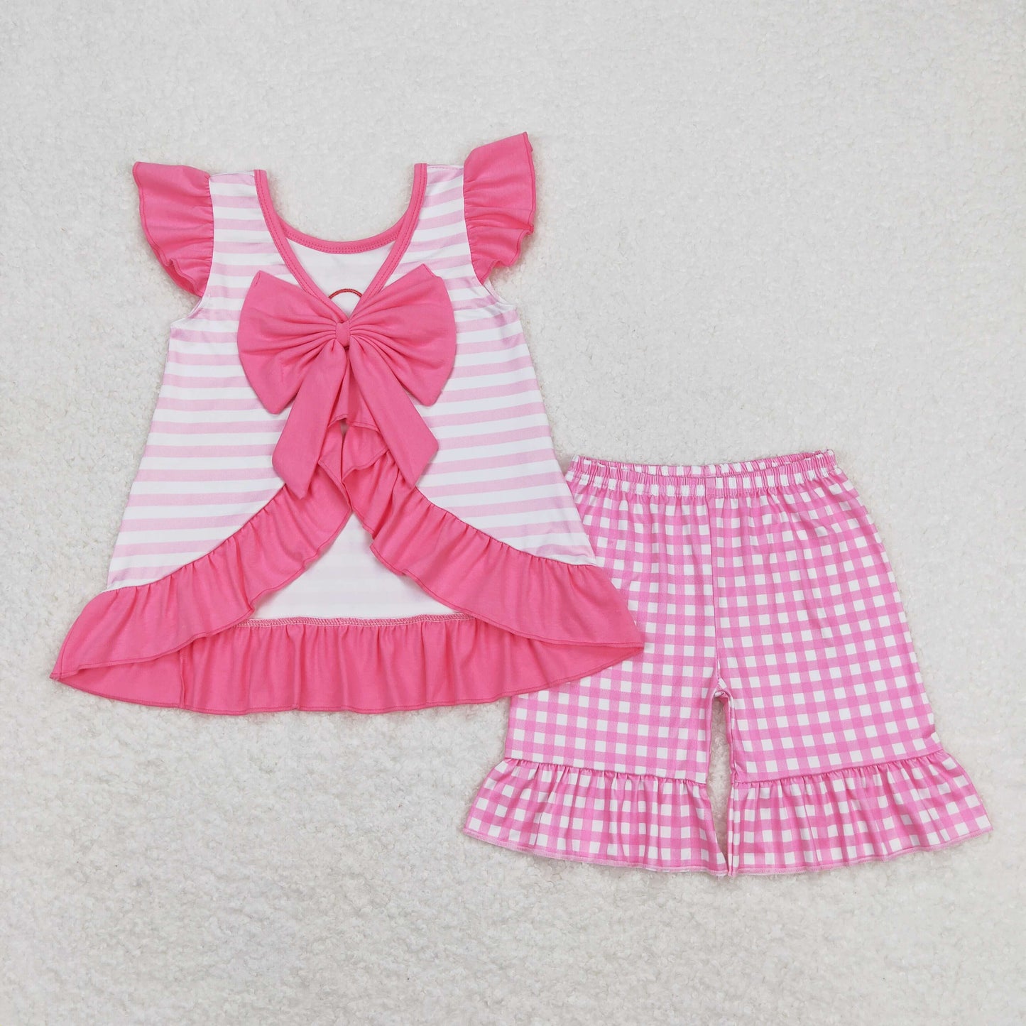 Baby Girl Short Sleeves Embroidery I Love Dad Stripes Tops Pink Plaid Shorts Set