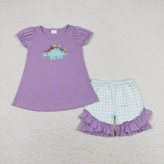 Baby Girl Back To School Embroidery Dinosaurs Crayons Purple Tops Plaid Shorts Set