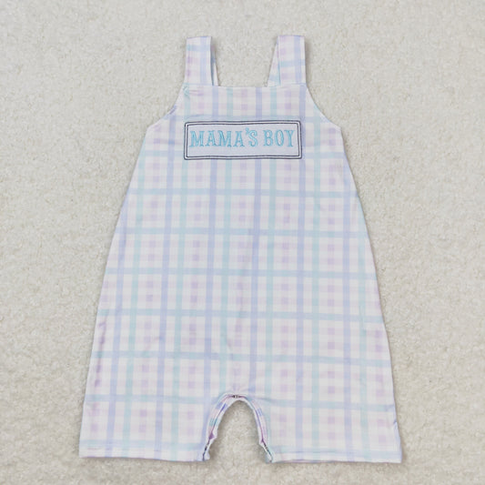 Short Sleeves Embroidery Mama's Boy Plaid Bubble One Piece Romper