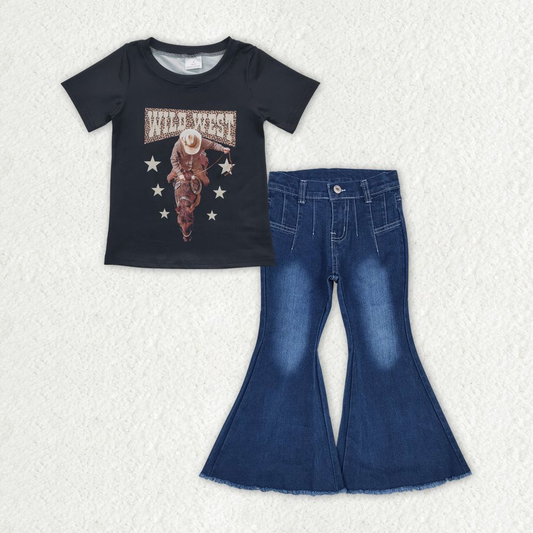 Baby Girl Short Sleeves Rodeo Shirt Denim Bell Pants Western Set
