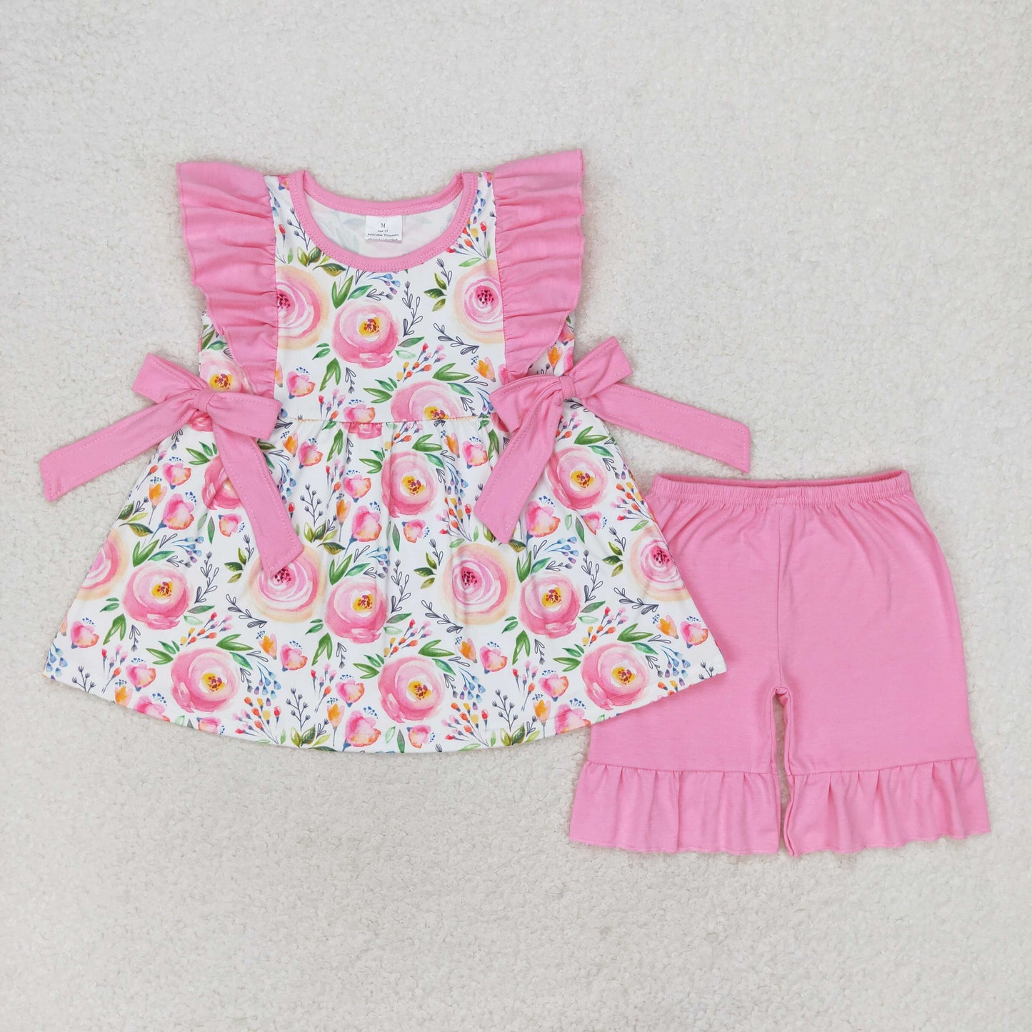 Baby Girl Short Sleeves Flower Tops Pink Shorts Set