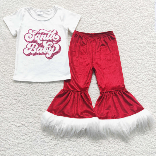 GSPO0791 Baby Girl Short Sleeves Velvet Bell Pants Christmas Outfit