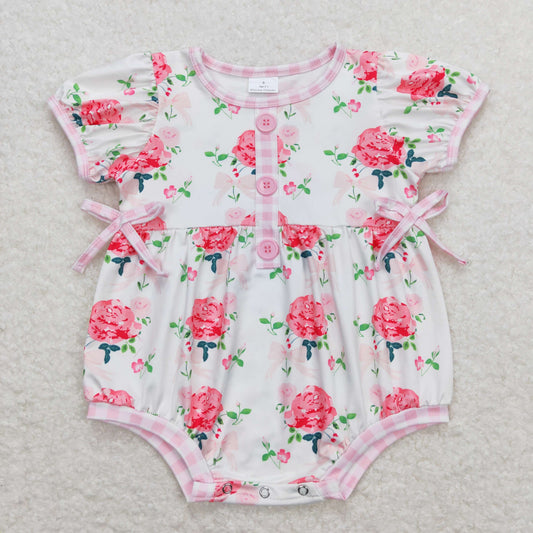 Baby Girl Short Sleeves Flower Pink Bubble One Piece Romper