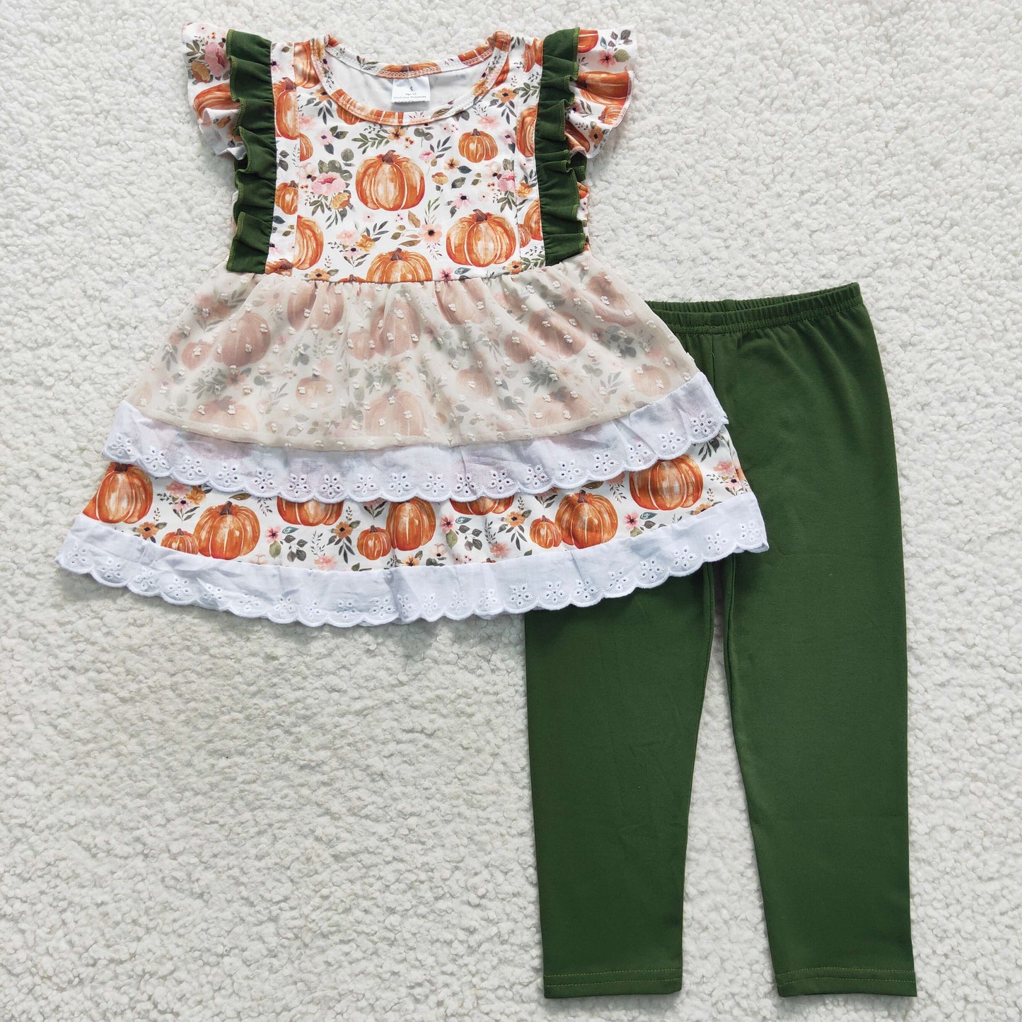 GSPO0810 Baby Girl Pumpkin Floral Lace Tunic Green Cotton Pants Fall Outfit