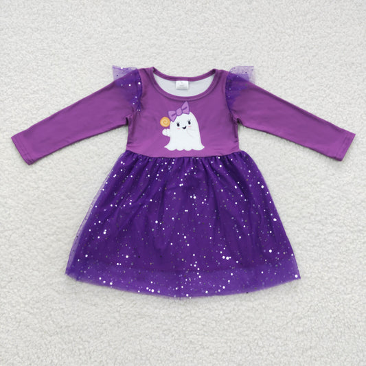 GLD0314 Baby Girl Halloween Ghost Long Sleeves Tulle Purple Dress