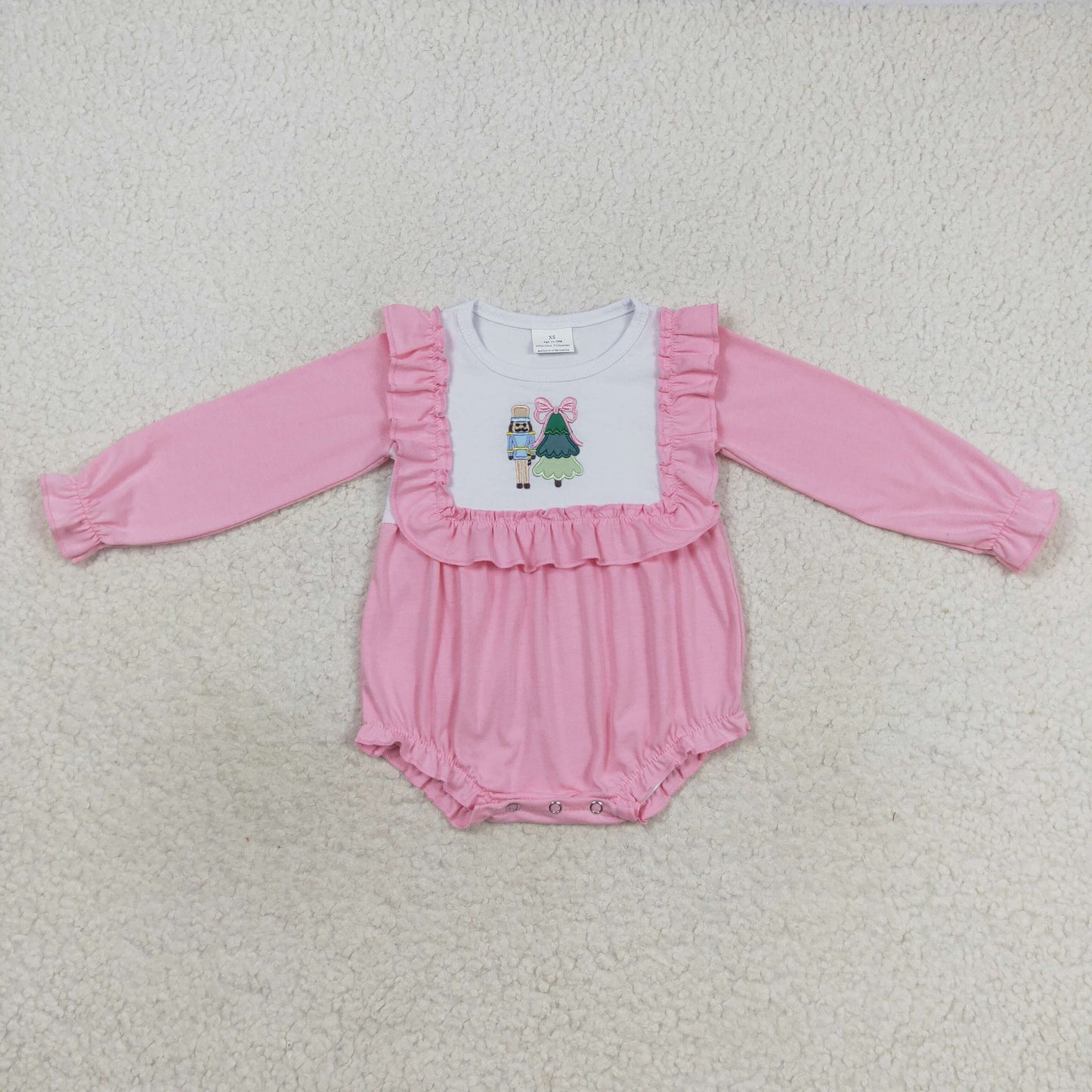 LR0480 Baby Girl Long Sleeves Embroidery Soldier Christmas Pink One Piece Romper