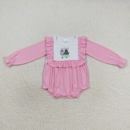 LR0480 Baby Girl Long Sleeves Embroidery Soldier Christmas Pink One Piece Romper