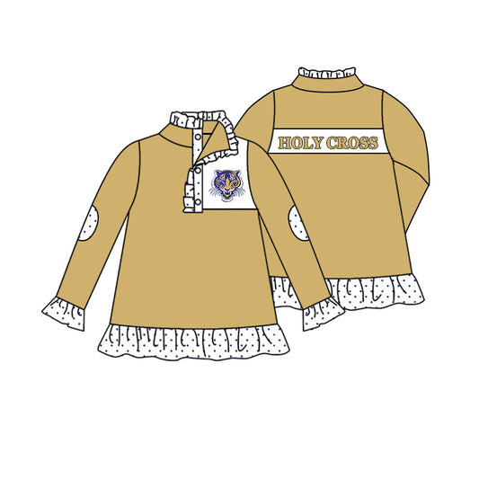 Baby Girl Long Sleeves Tiger Team Zipper Ruffle Pullover Shirt ( Moq 5 )
