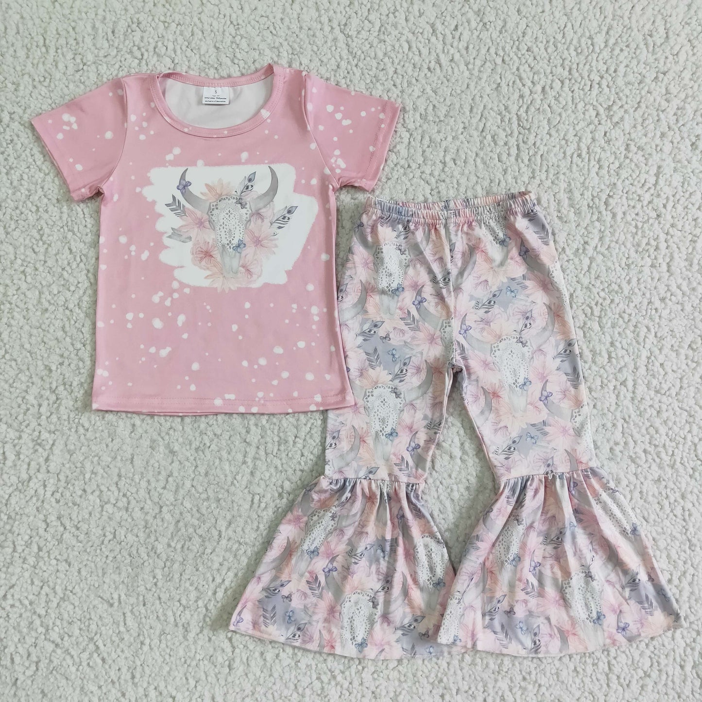 Promotion Baby Girl Western Cow Pink Shirt Bell Pants Set