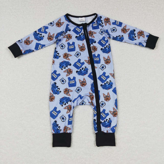 LR0736 Baby Boy Blue Long Sleeves Dogs Zipper One Piece Romper