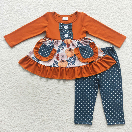 GLP0682 Baby Girl Pumpkin Floral Pocket Tops Dots Pants Fall Outfit