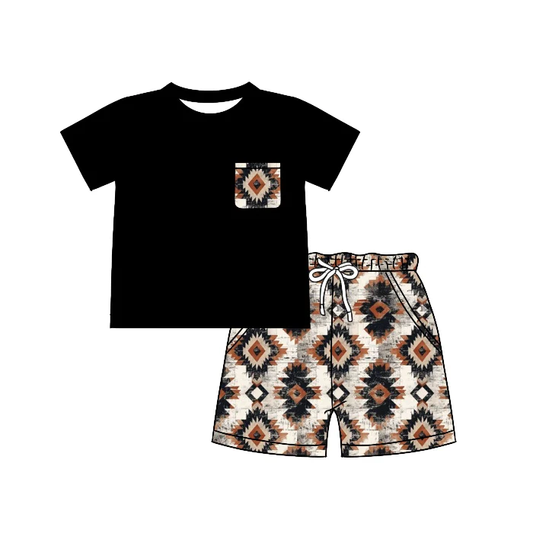 Moq 3 Pre-order BSSO0756 Baby Boy Short Sleeves Shirts Western Aztec Shorts Summer Set