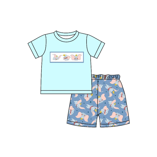 Moq 5 Pre-order Baby Boy Short Sleeves Blue Shirt Elephant Shorts Summer Set