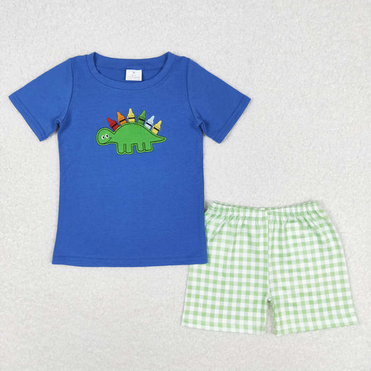 Baby Boy Embroidery Dinosaur Pencil Blue Shirt Plaid Shorts Back To School Set