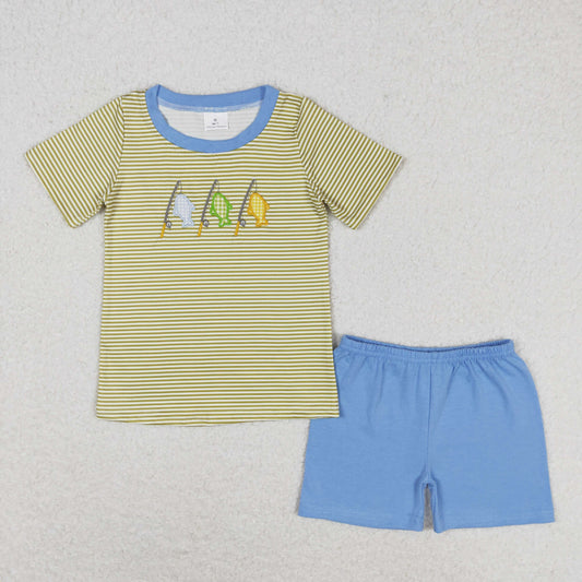 Baby Boy Short Sleeves Embroidery Fishing Stripes Shirt Blue Cotton Shorts Set