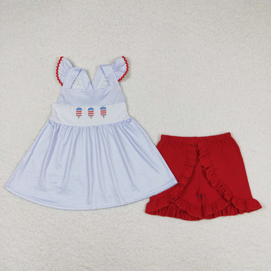 Baby Girl Embroidery Popsicles Blue Plaid Tops Red Shorts Set