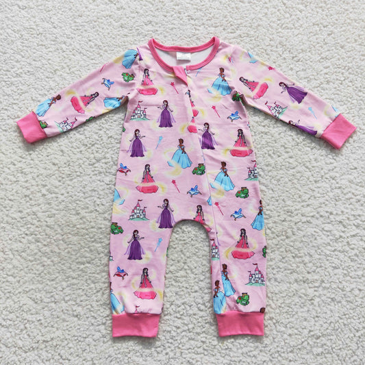 LR0468 Baby Girl Long Sleeves Zipper Princess One Piece Romper