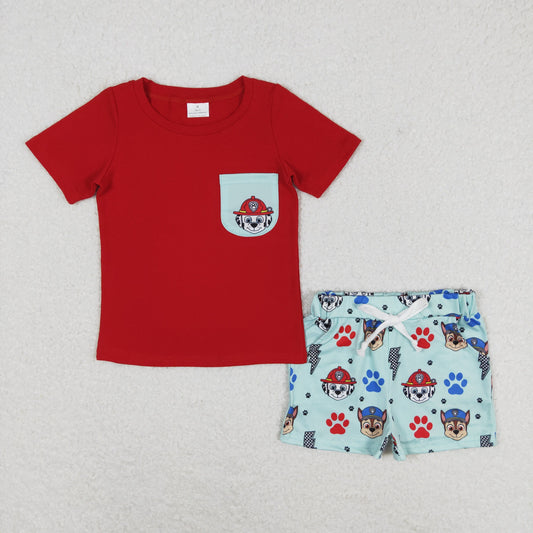 Baby Boy Short Sleeves Red Shirt Dogs Pocket Shorts Summer Set