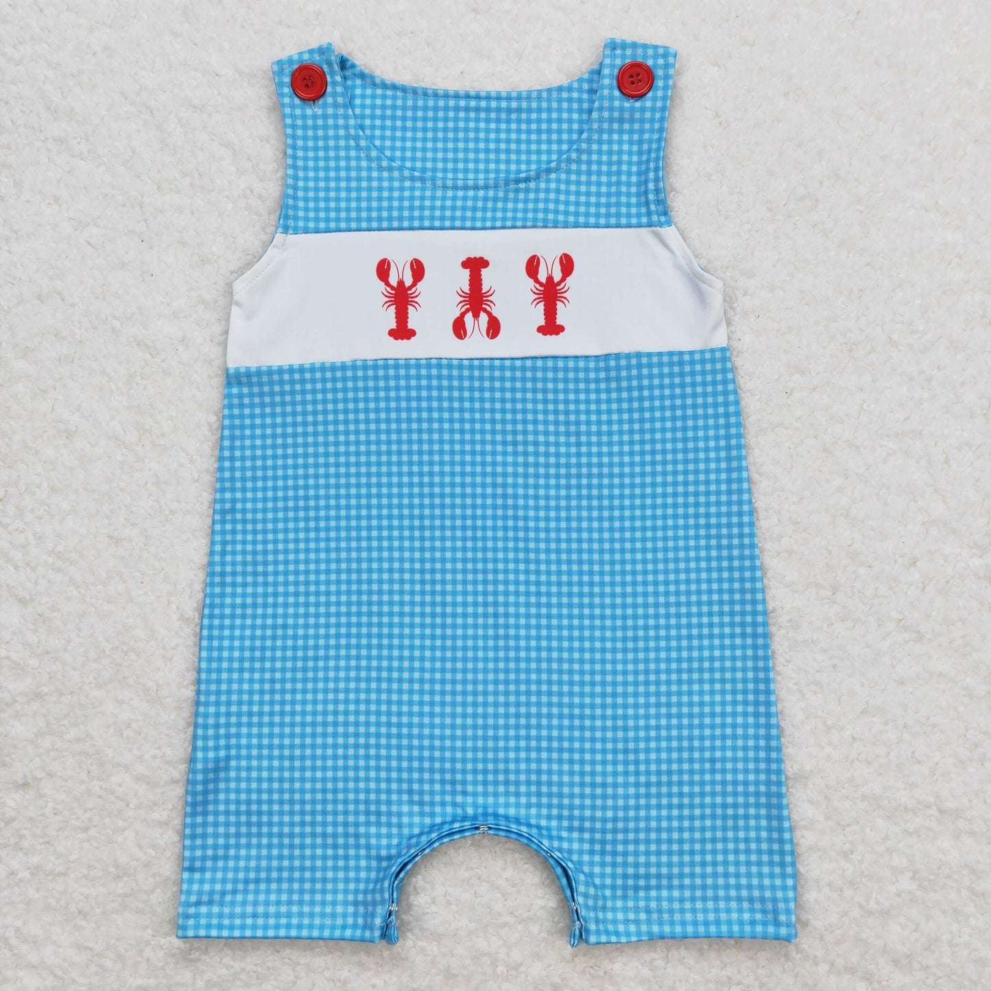 Baby Boy Sleeveless Crawfish Blue Plaid One Piece Romper