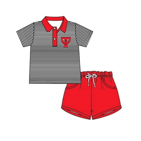 kids boy stripes short sleeves shirt red pocket shorts team set