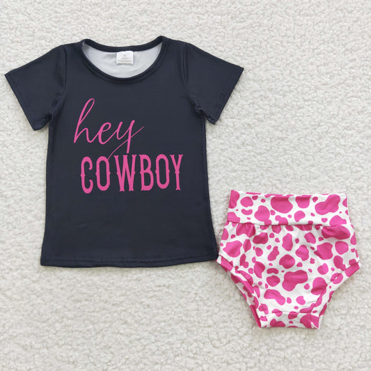 GBO0132 Baby Girl Short Sleeves Western Pink Cow Print Bummie Summer Outfit