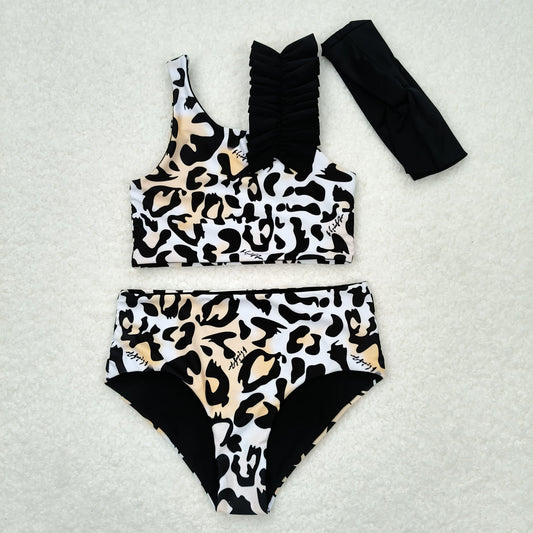 Baby Girl Bathing Suit Sleeveless Leopard Tops Shorts Set With Bow Swimsuit