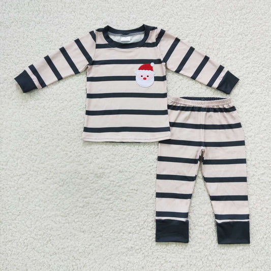 BLP0220 Baby Kids Christmas Santa Long Sleeves Green Striped Pants Embroidery Outfit Pajamas