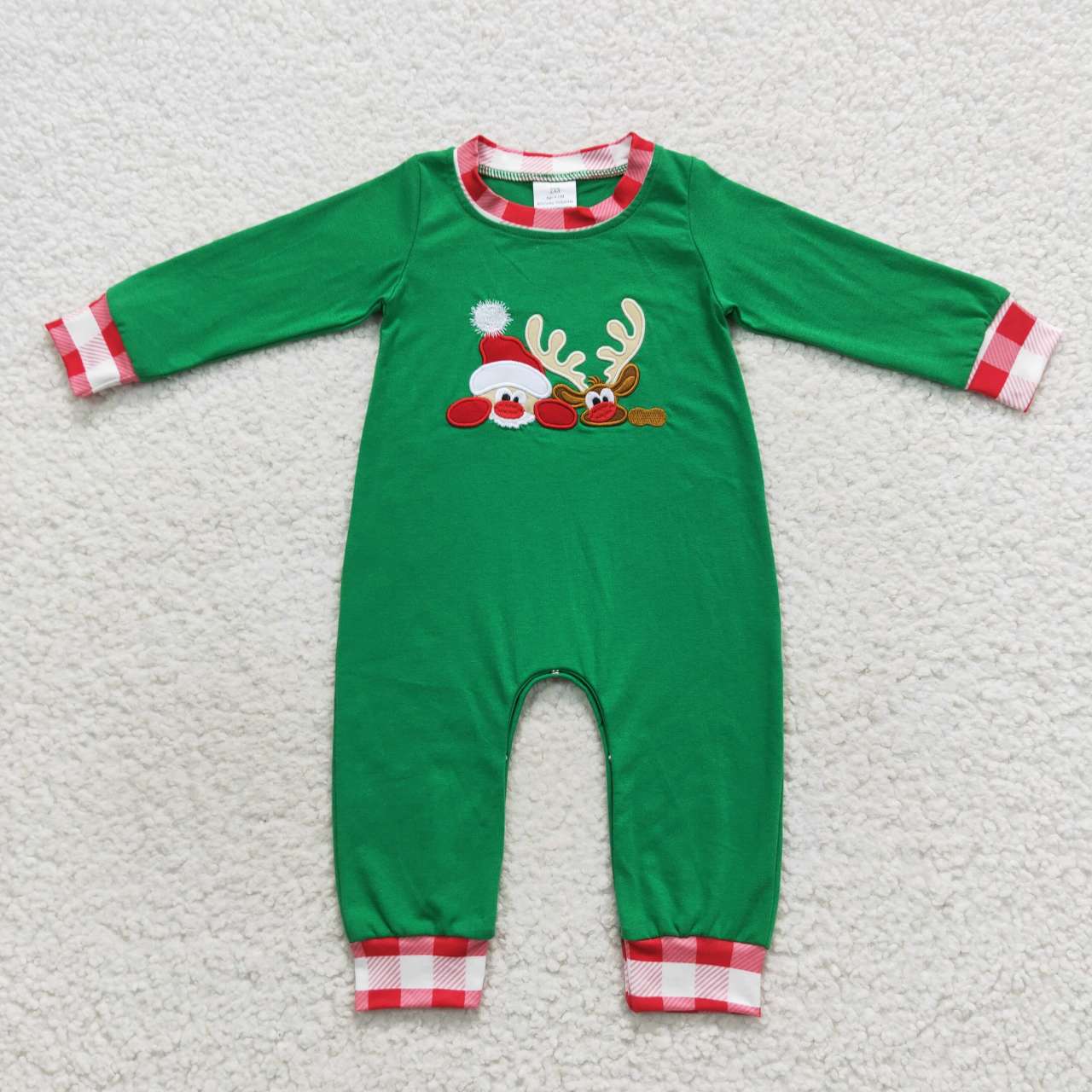 LR0395 Baby Girl Long Sleeves Christmas Embroidery Reindeer Green Cotton Romper