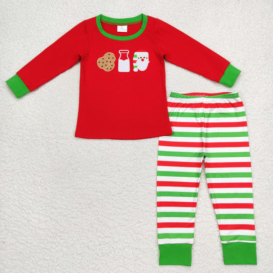 BLP0313 Baby Boy Long Sleeves Embroidery Christmas Santa Cookie Shirt Pants Pajamas Outfit