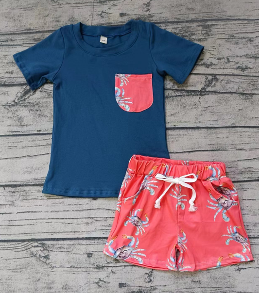 Moq 5 Baby Boy Short Sleeves Shirt Crab Pocket Shorts Set