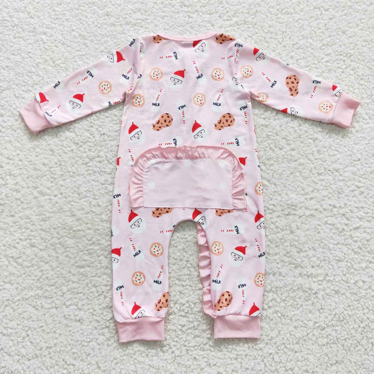 LR0471 Baby Girl Christmas Cookie Milk Long Sleeves Zipper Pink Romper