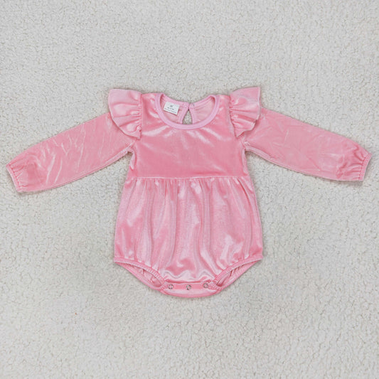 LR0686 Baby Girl Long Sleeves Pink Velvet One Piece Romper