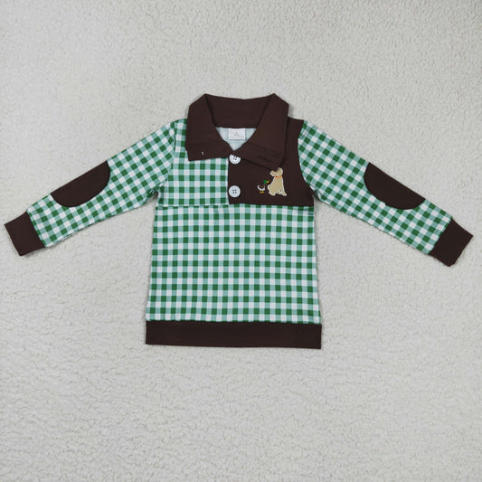 BT0301 Baby Boy Long Sleeves Embroidery Duck Dog Hunting Checkered Shirt